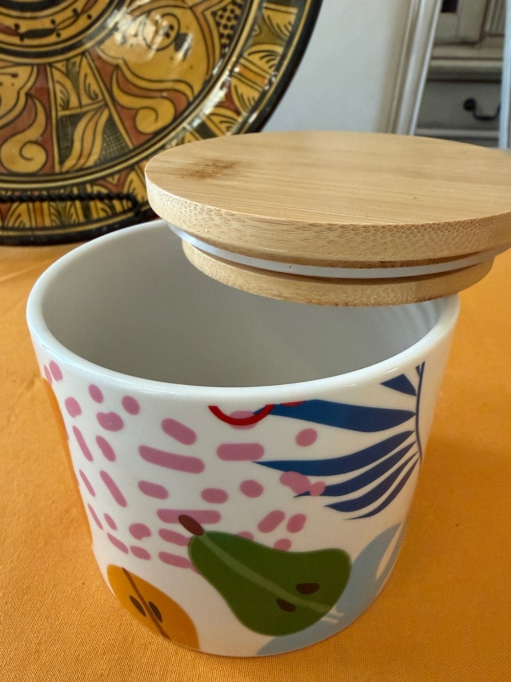 Ceramic Storage Jar with Bamboo Lid - Yellow & Red Leaf Design - Picture 6 of 13